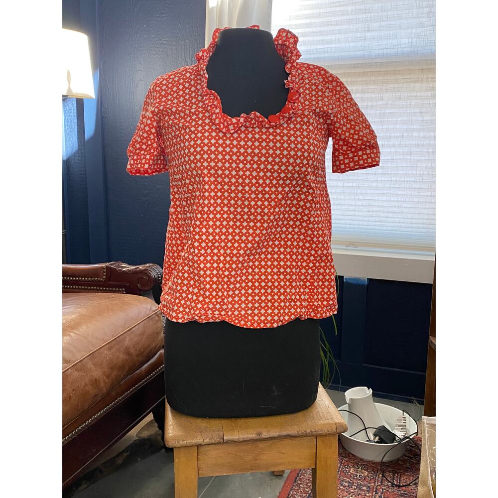 J.Crew‎ 2 Orange Woven Cotton Short Sleeve Pullover Blouse Ruffled Neckline